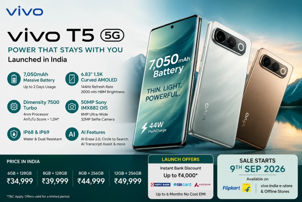 Vivo T5 5G Launched in India With 7050mAh Battery